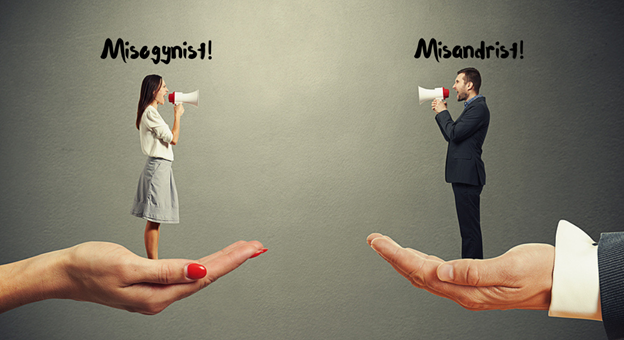 Man and woman standing on hands, yelling at each other with megaphones