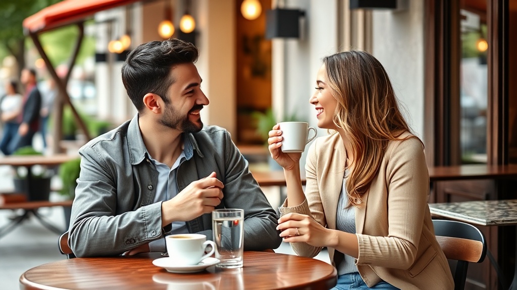 A man and woman having coffee and making eyes at each other